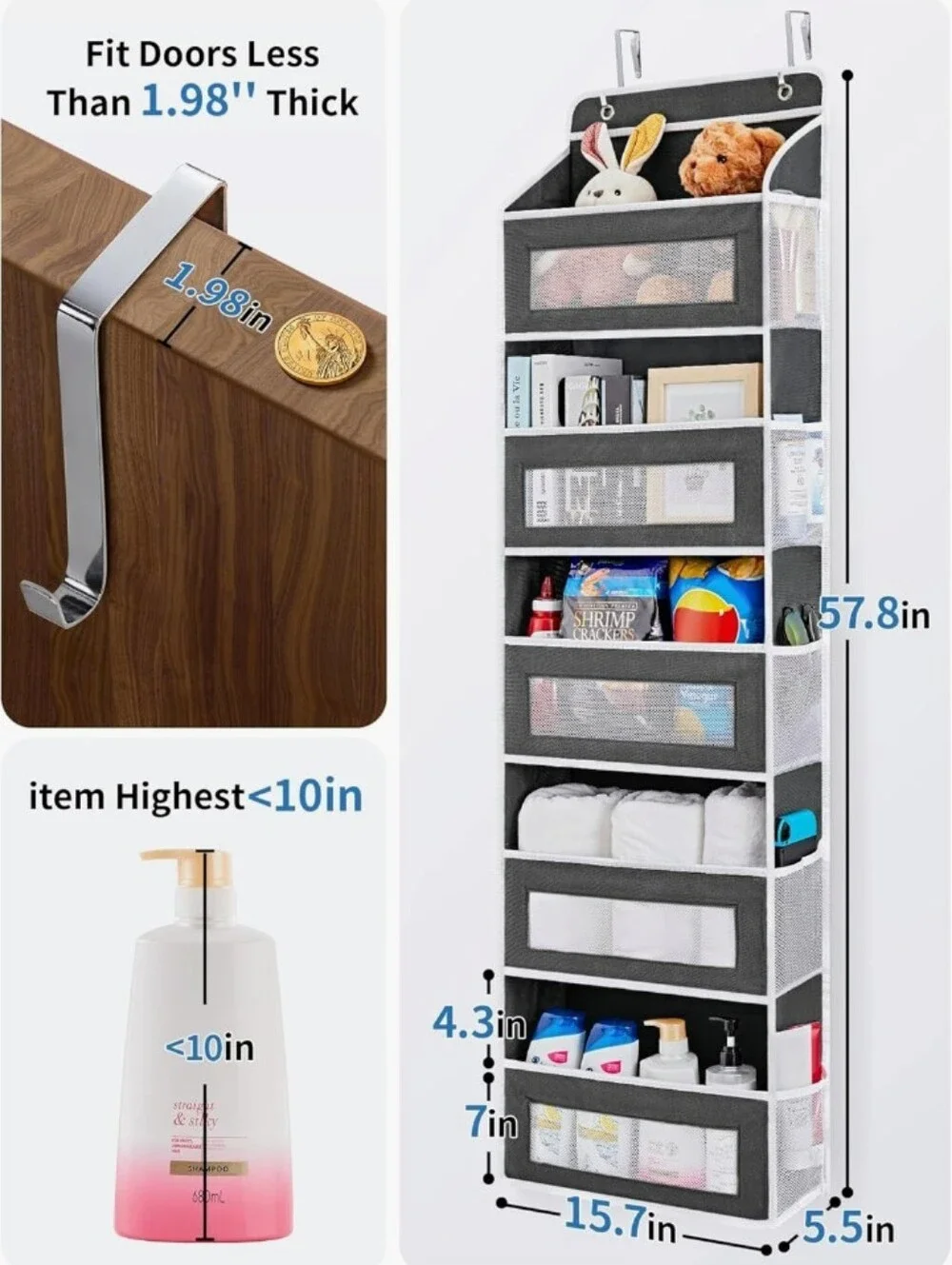 Over-the-Door 8-Bin Hanging Organizer - Black